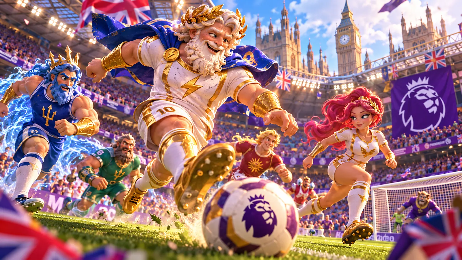 Olympian gods playing football in a London stadium