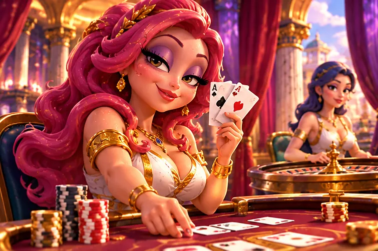A goddess-style dealer running a live blackjack table in the Betmica palace